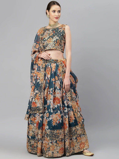 Blue & Peach-Coloured Embellished Sequinned Semi-Stitched Myntra Lehenga & Unstitched Blouse